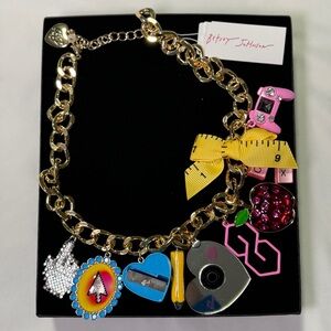 Betsey Johnson Teacher Charm Statement Necklace School Supplies - Gold